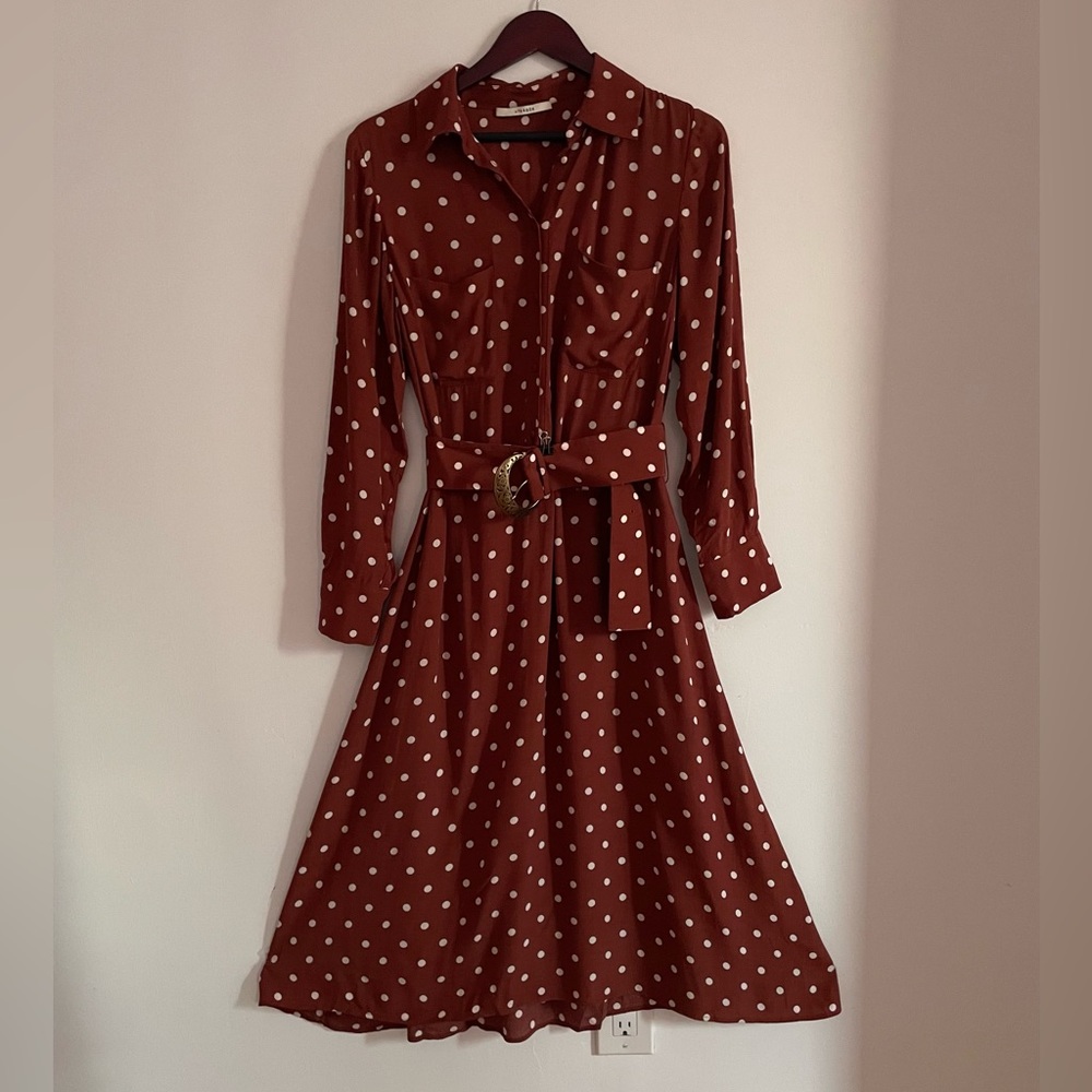 Uterqüe Rust Polka Dot Belted Shirt Dress